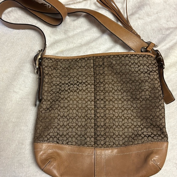 COACH Shoulder Bag Brown Leather/Canvas Adjust. Strap Zip “C” Logo 11 X11 Purse - Picture 1 of 7